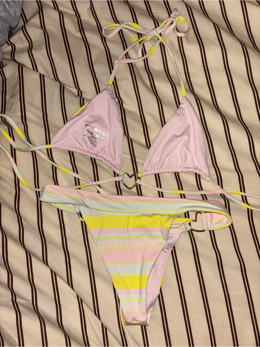 Frankie’s Bikinis Pastel Stripe Triangle Bikini Set - Pink, Yellow & Mint